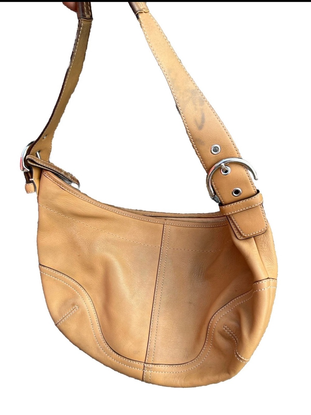 Coach Tan Leather Shoulder Bag with Silver-Tone Buckle